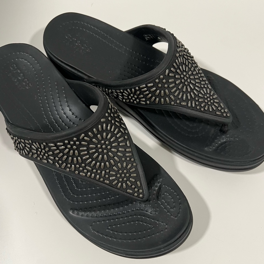 Crocs Monterey Diamante Black Wedge Flip Flop Sandals Women’s Size 11